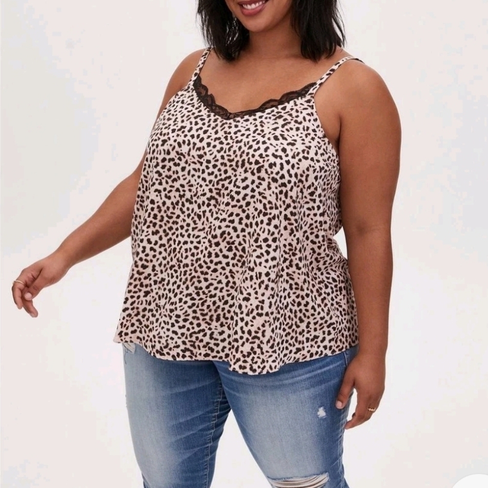 Torrid Cream, Tan & Black Leopard Print Sophie Satin Lace Trim Camisole Sz 2xl